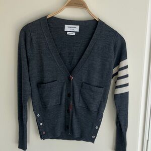 THOM BROWNE Charcoal Merino Wool Cardigan with Sleeve Stripe Accents Size 36